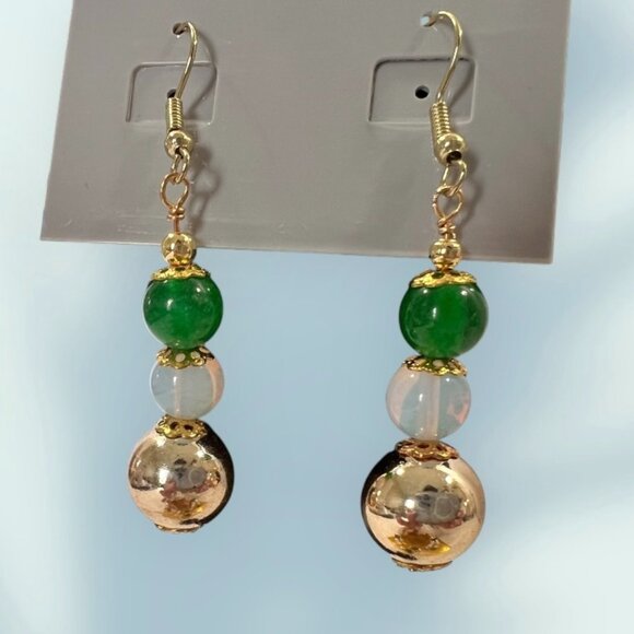 2 Natural Jade & Opaline Wire Bangle Bracelets Matching Earrings GIFTS UNDER $20 - Picture 4 of 5